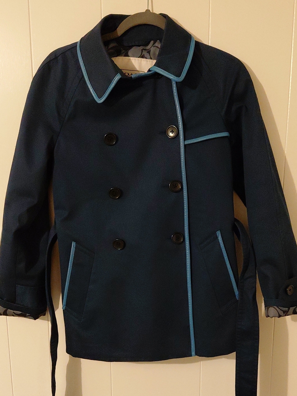 COACH Navy Double-Breasted Trench Coat with Light Blue Trim